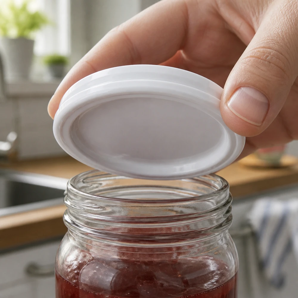 82mm Bouchon BioSeal blanc (TO82) UNiTWIST Couvercle blanc UNiTWIST TO82 sans BPA posé à la main sur un bocal contenant des cerises confites