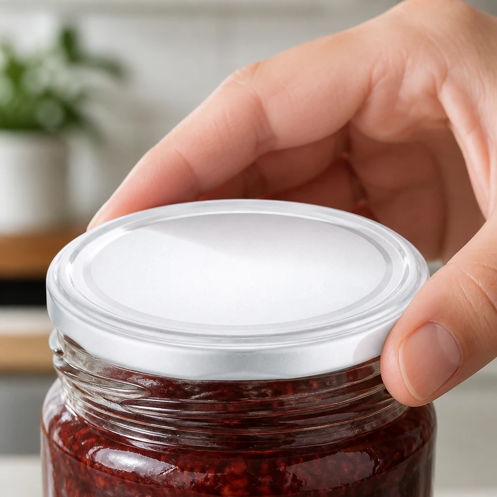 Bouchon à vis UniTwist blanc de 100 mm, fermant hermétiquement un pot de confiture