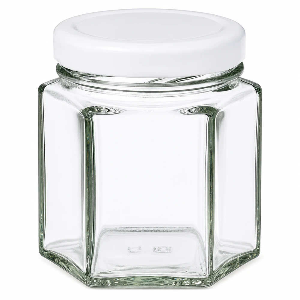 47ml Verre hexagonal avec couvercle BasicSeal blanc UNiTWIST 47ml Verre hexagonal avec couvercle BasicSeal blanc UNiTWIST