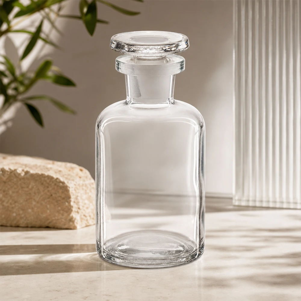 Flacon pharmaceutique 50 ml col étroit en verre clair + bouchon Petit flacon en verre transparent de 50 ml, à col étroit et aux épaules arrondies, idéal pour le parfum