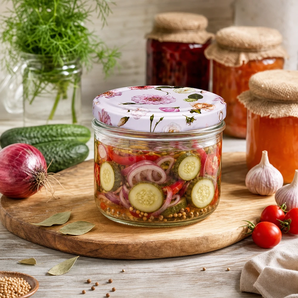Pot cylindrique de 230 ml + couvercle BasicSeal rose fleur Pot cylindrique 230ml avec couvercle BasicSeal fleur rose pour cornichons marinés - pickles et conserves en cuisine