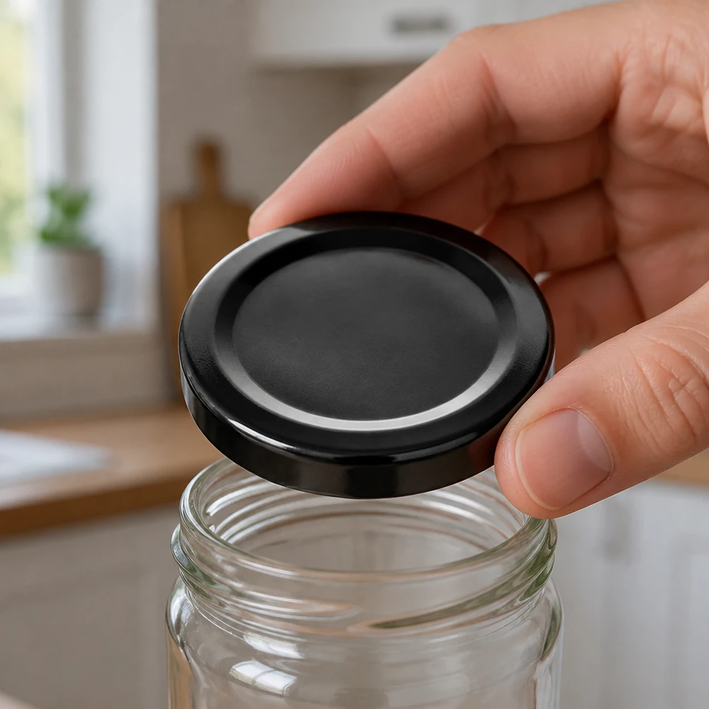 Couvercle BasicSeal noir de 58 mm (TO58deep) UNiTWIST Couvercle BasicSeal noir de 58 mm TO58deep : la main UNiTWIST place le couvercle sur un bocal en verre transparent