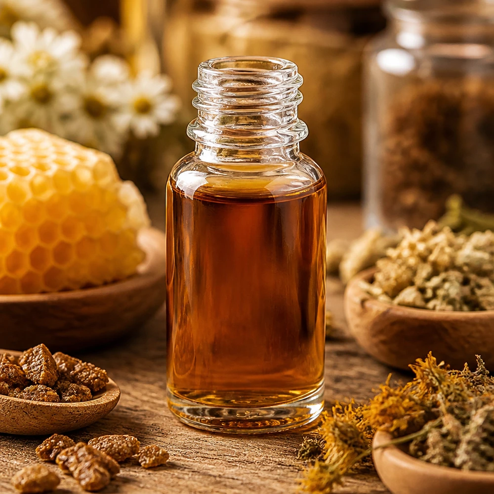 Flacon en verre transparent de 10 ml contenant un remède naturel, entouré de rayons de miel, d'herbes et de propolis