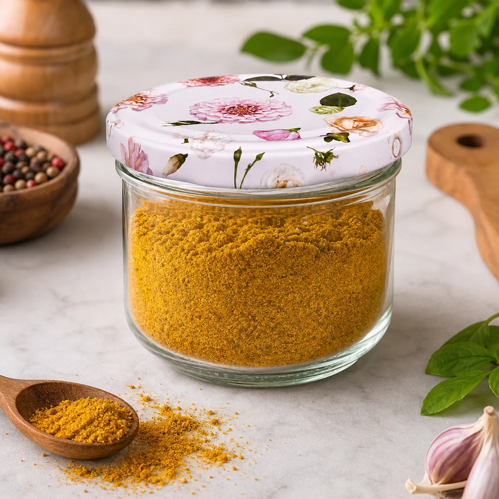 BasicSeal bocal de 260ml avec couvercle fleuri rempli d'épices au curcuma - conservation des épices dans un bocal de stockage décoratif