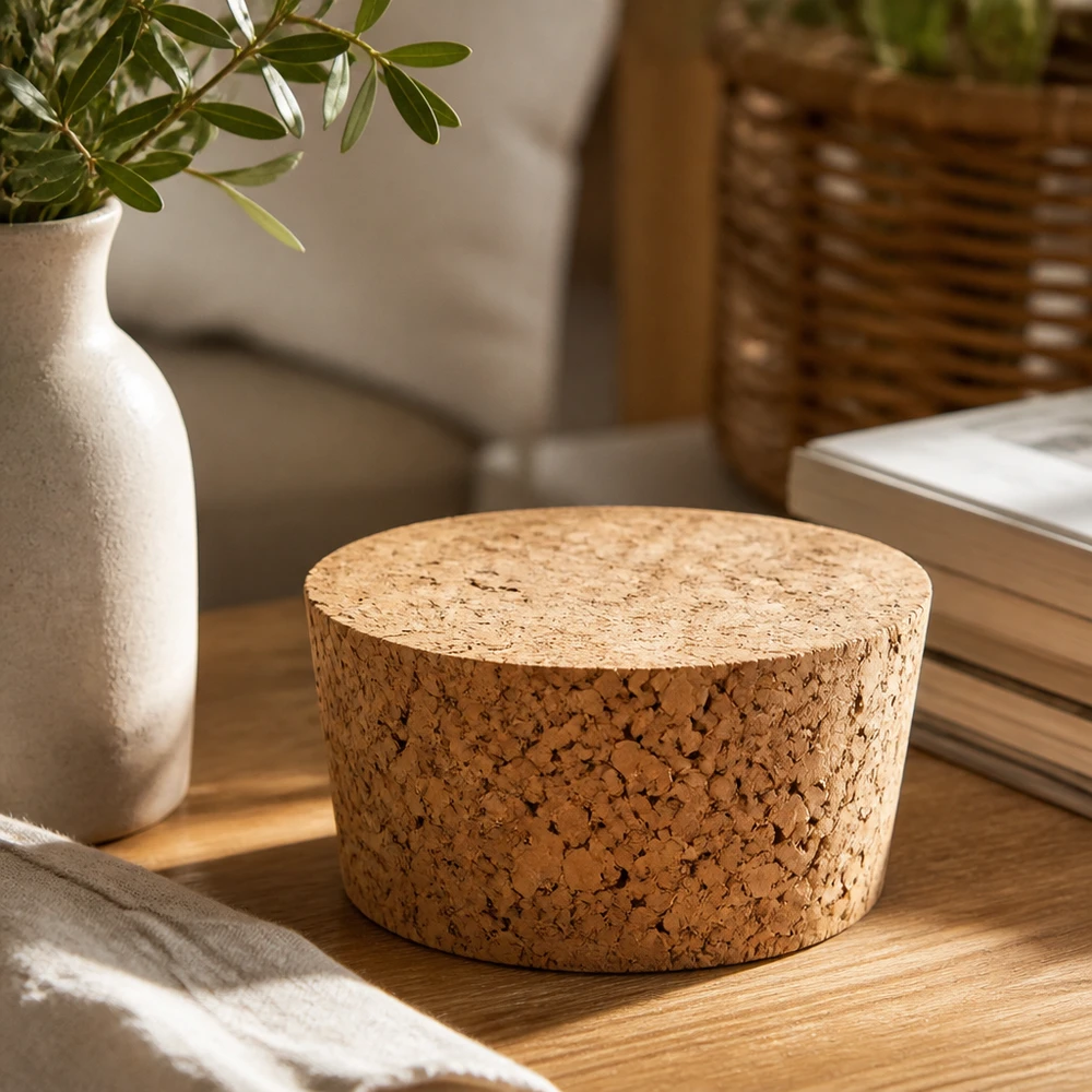 Bouchon pour ouverture 40mm WECK RR40 (ø38/43, H=20mm) WECK Bouchon RR40 Bouchon en liège naturel sur table en bois avec vase et livres décoration élégante de la maison ouverture 40mm