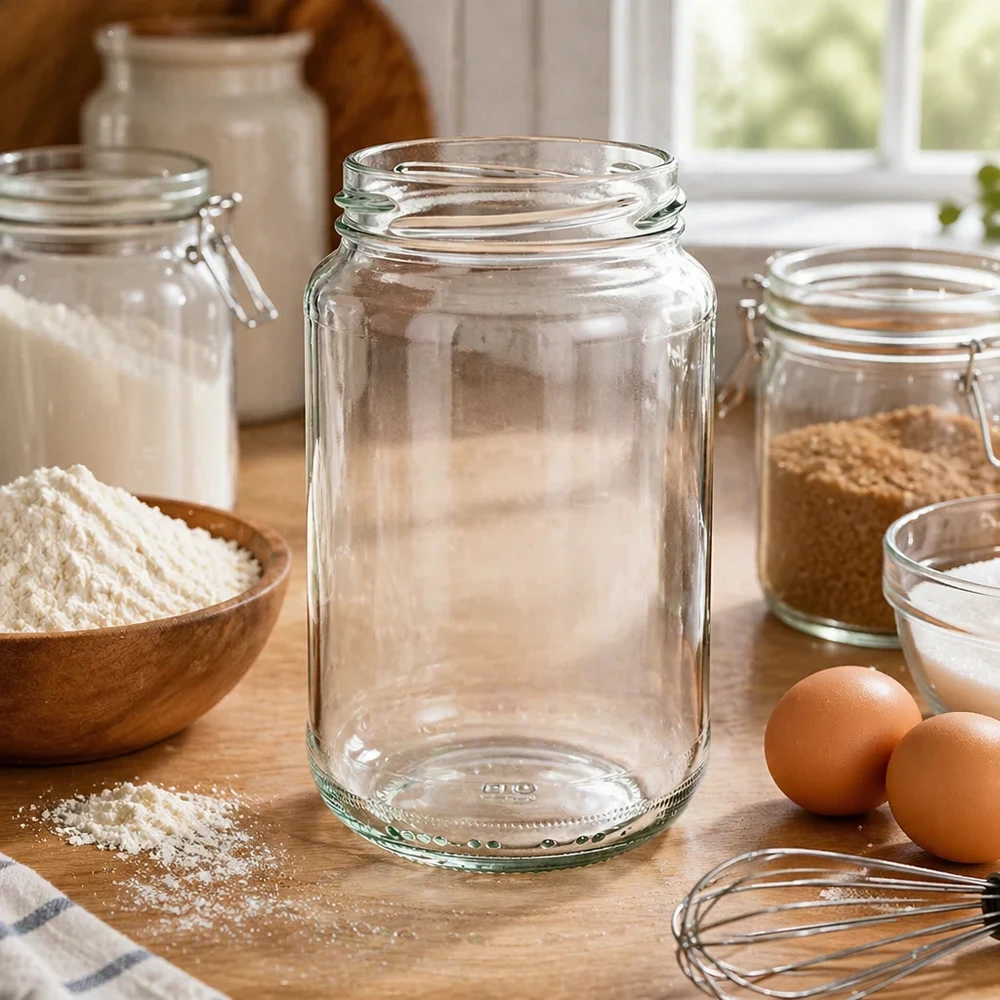 375ml Verre rond sans couvercle (TO63) UNiTWIST UNiTWIST Runda375 Verre rond dans la cuisine avec des ingrédients de boulangerie farine œufs et autres bocaux de stockage comme équipement de cuisine
