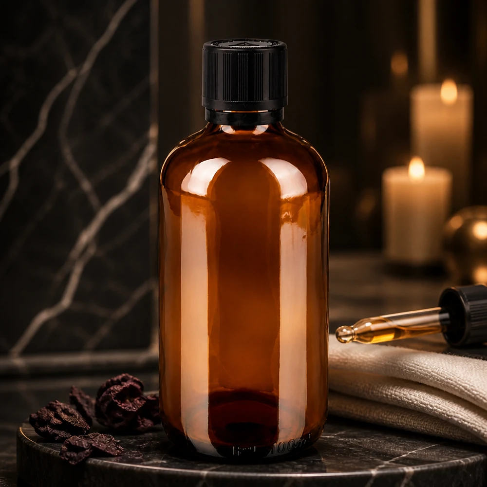 Flacon compte-gouttes de pharmacie de 100 ml en verre ambré, muni d'un compte-gouttes de précision de 1 mm, posé sur du marbre foncé