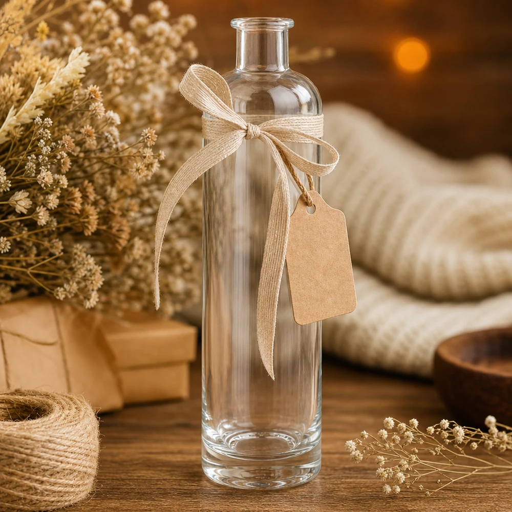 Bouteille en verre 500 ml « Ella » sans bouchon UNiTWIST® Bouteille en verre 500ml Ella UNiTWIST comme emballage cadeau décoré avec un ruban et un pendentif décoration rustique