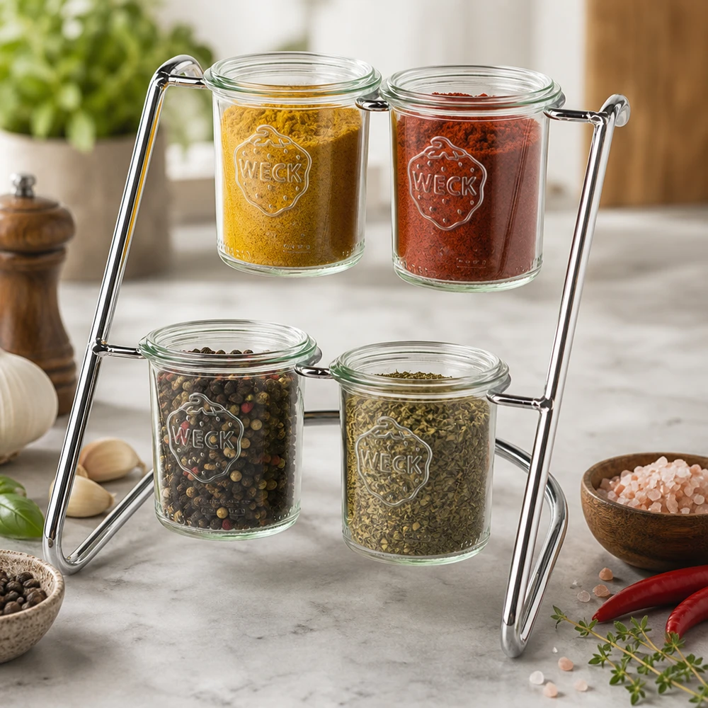 Présentoir Flato4 pour 4 bocaux WECK Support de service Flato4 avec épices et herbes aromatiques dans des bocaux WECK - organisation décorative de la cuisine sur le plan de travail