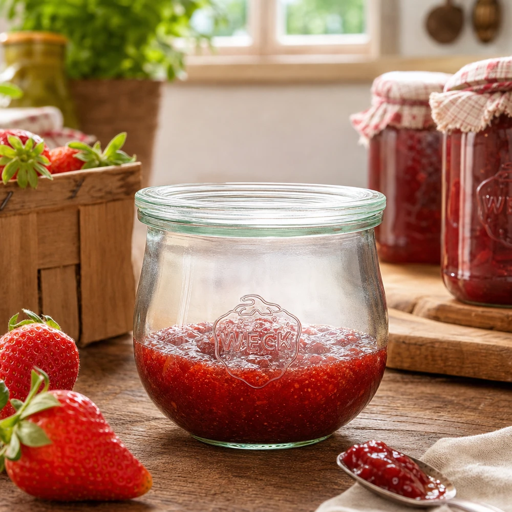 WECK Pot tulipe 370ml RR80 rempli de confiture de fraises dans une cuisine rustique à côté de fraises fraîches et de bocaux à conserves