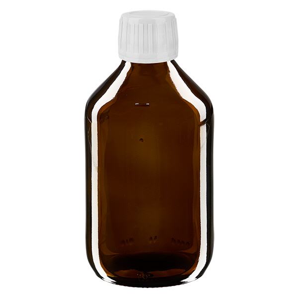 Bouteille à usage médical de 250 ml, marron, avec bouchon blanc d'origine Bouteille à usage médical de 250 ml, marron, avec bouchon blanc d'origine