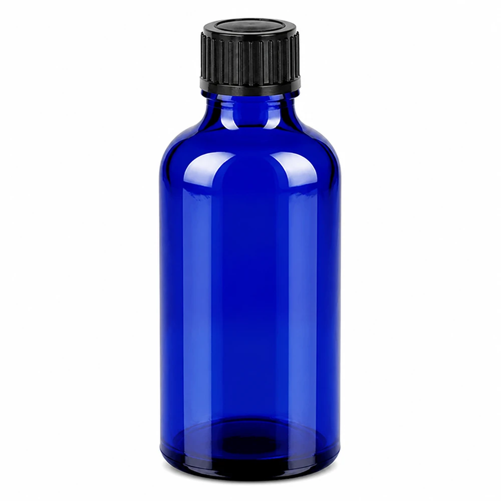 Flacon 50ml 11mm SV noir OV BlueLine UT18/50 Bouteille compacte bleue de 50 ml avec bouchon noir, idéale pour les huiles essentielles et les teintures.