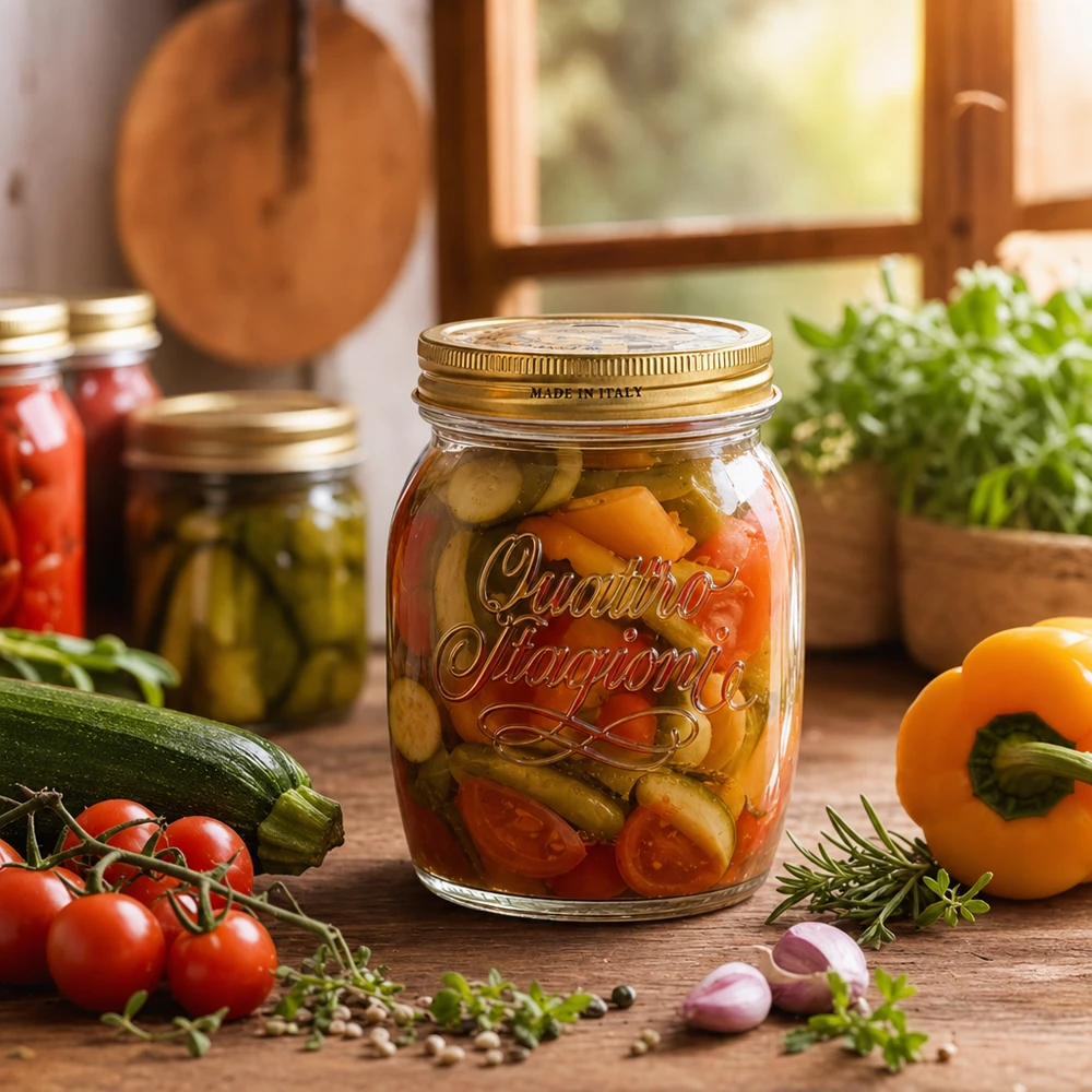 Quattro Stagioni 700ml Pot de légumes marinés entouré d'ingrédients frais sur une table en bois rustique