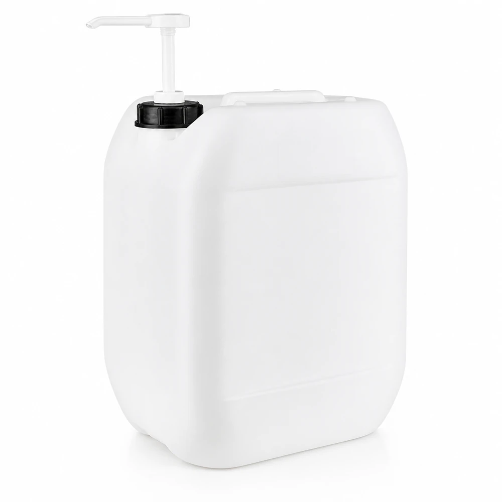 Jerrican de 10 litres avec pompe doseuse Bidon rectangulaire en PEHD de 10 L, de couleur blanche, avec bouchon à vis noir et pompe intégrée