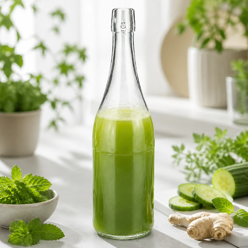 Bouteille en verre de 750 ml sans bouchon mécanique UNiTWIST Bouteille en verre de 750ml UNiTWIST remplie de smoothie vert entre herbes fraîches concombre gingembre alimentation saine