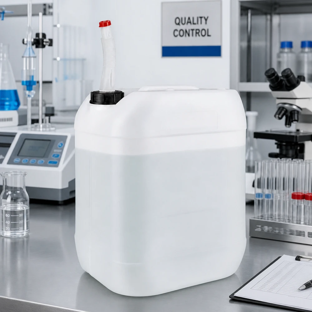 Bouteille à col large robuste de 20 litres, équipée d'un bec verseur flexible et d'un bouchon rouge, destinée à un environnement de laboratoire