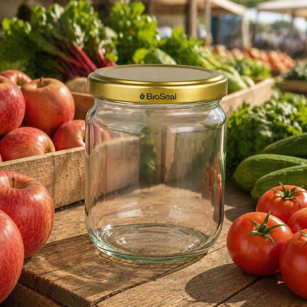 500g BioSeal pot de miel vide avec couvercle doré entouré de pommes et de tomates fraîches sur table en bois à l'extérieur