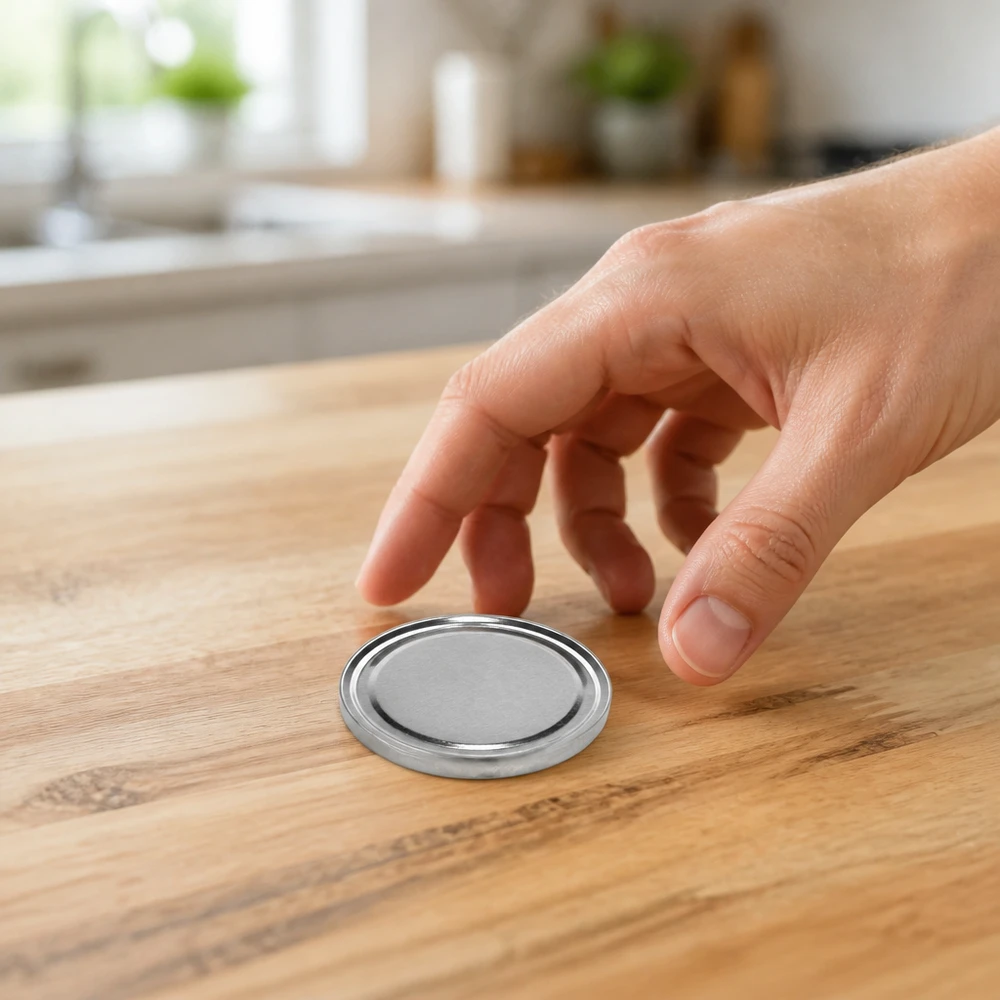 Couvercle BasicSeal argenté 58 mm TO58 en acier inoxydable sur une surface en bois dans une cuisine