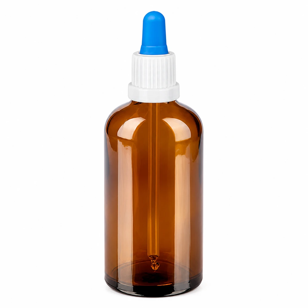 Flacon pipette 100ml blanc/bleu OV BrownLine UT18/100 Petit flacon compte-gouttes en verre brun d'une capacité de 100 ml pour la cosmétique et la pharmacie