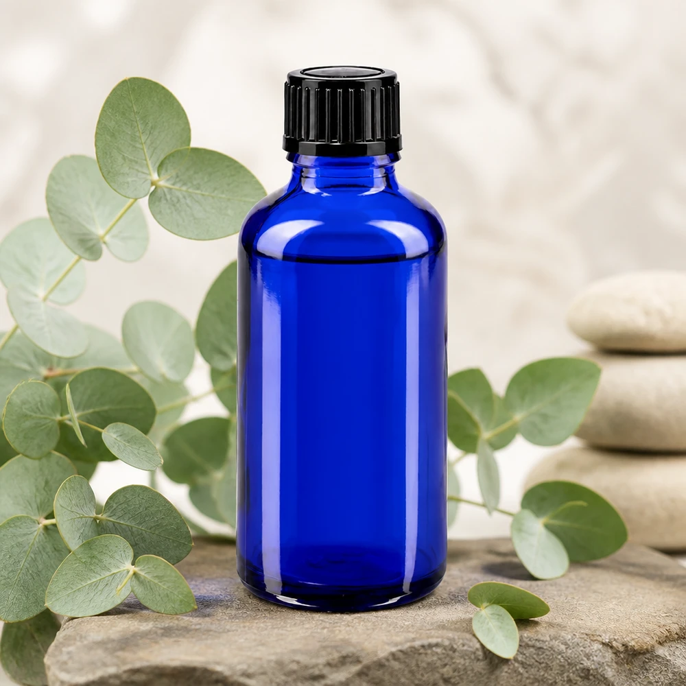 Flacon à pharmacie bleu 50ml bouchon compte-gouttes 1mm noir std Flacon compte-gouttes bleu cobalt de 50 ml STD avec bouchon noir, posé parmi des branches d'eucalyptus