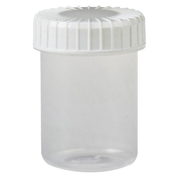 Pot en plastique transparent 40 ml + couvercle à vis blanc strié en PE, fermeture standard Pot en plastique transparent 40 ml + couvercle à vis blanc strié en PE, fermeture standard