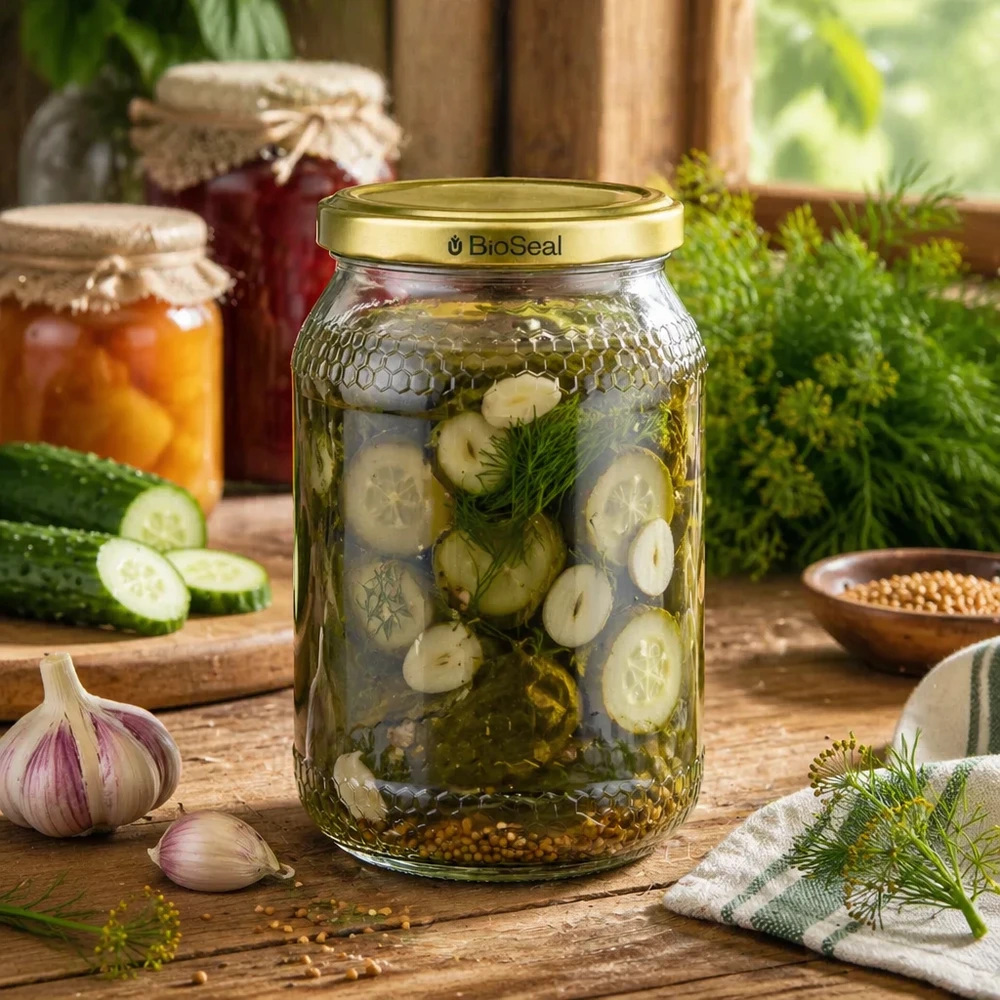 900ml pot de miel BioSeal couvercle doré avec des concombres marinés aneth épices ail scène de cuisine rustique pot de conservation