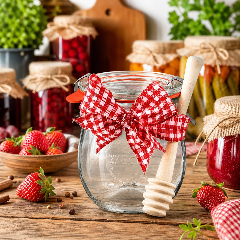 Pot de conserve WECK 220ml avec ruban rouge et cuillère à miel en bois, entouré de pots de confiture et de fraises