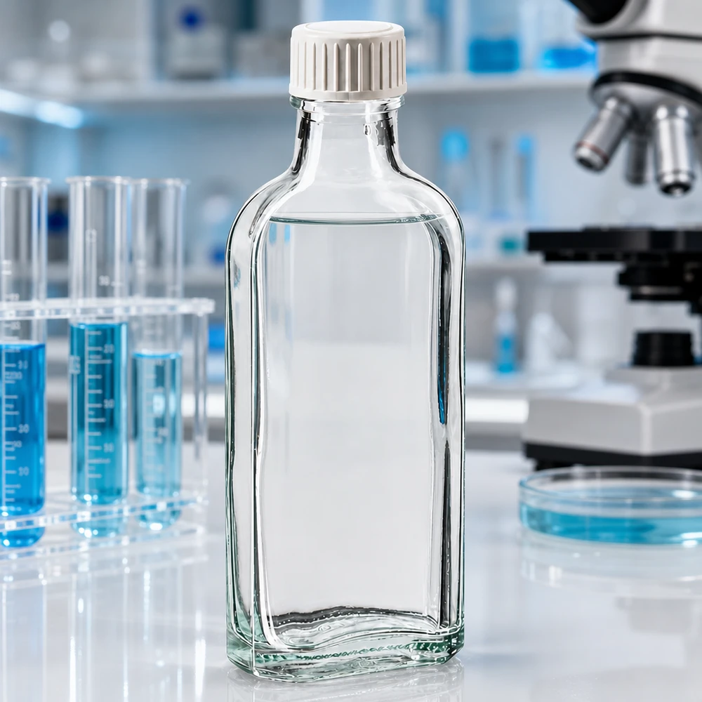 Flasque transparente de 100 ml au goulot DIN 22, avec bouchon à vis DIN 22 blanc en PP et joint mousse en PE Flacon Meplat transparent de 100 ml dans un environnement de laboratoire, avec un microscope et des tubes à essai