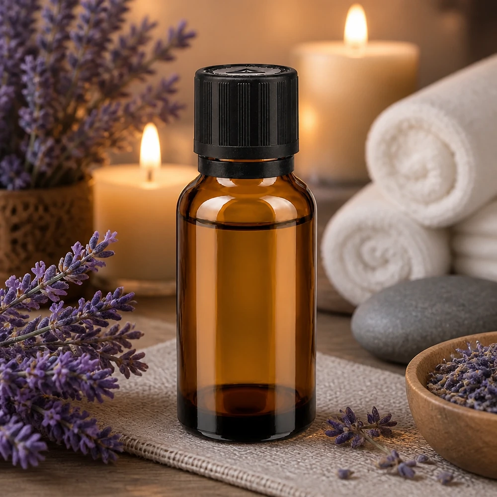 Flacon compte-gouttes de 20 ml en verre de pharmacie, muni d'une sécurité enfant et d'un bouchon blister, dans un décor de spa