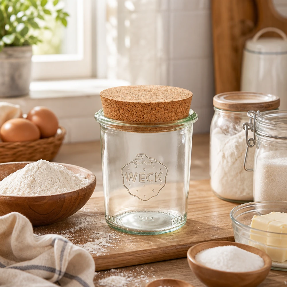 WECK Verre renversé 160ml RR60 avec bouchon sur planche en bois dans une cuisine chaude entouré d'ingrédients de cuisson farine et œufs