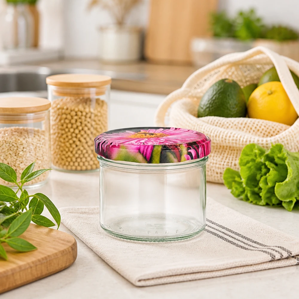 Bocal 230ml vide BasicSeal Couvercle Décor Gerbera Ambiance cuisine conservation durable Sac en maille Fruits
