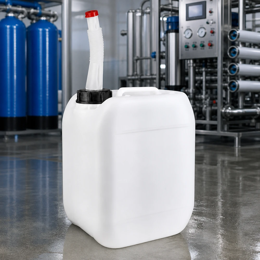 Bidon blanc empilable de 5 litres avec bec verseur flexible, destiné à être utilisé en amont d'une station de traitement de l'eau