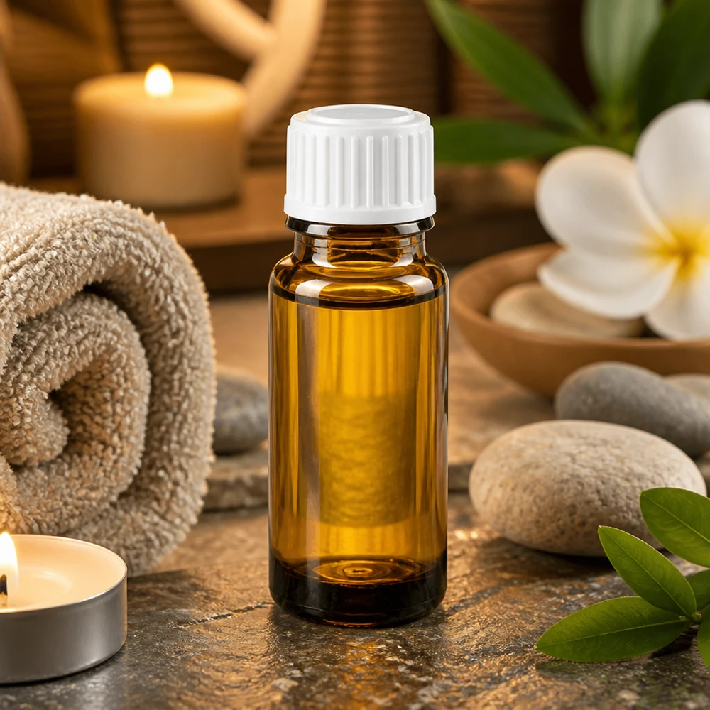 Flacon en verre ambré protégeant de la lumière, 10 ml, bouchon blanc, posé sur une pierre naturelle avec une décoration « bien-être »