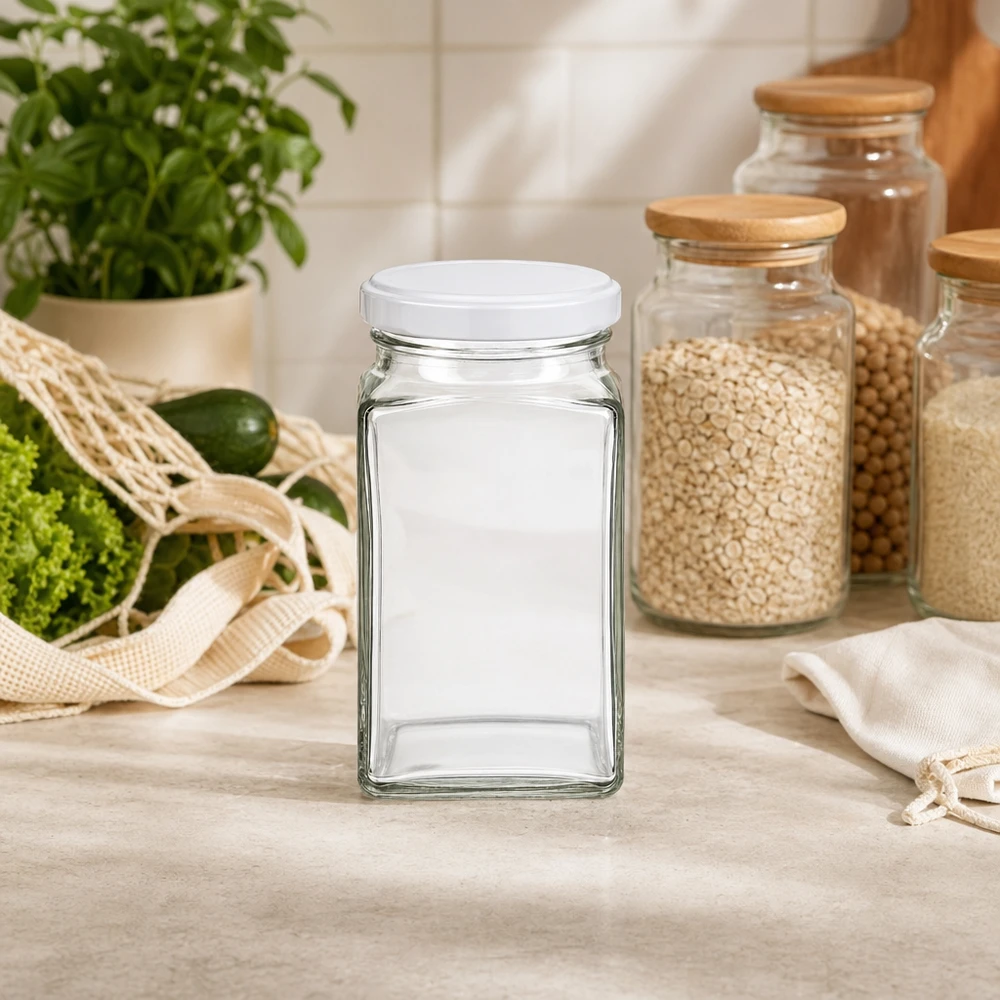 260ml Tetraglas avec couvercle BasicSeal blanc UNiTWIST 260ml Tetraglas leer mit weißem Deckel in moderner Küche neben Vorratsgläsern mit Getreide nachhaltige Aufbewahrung