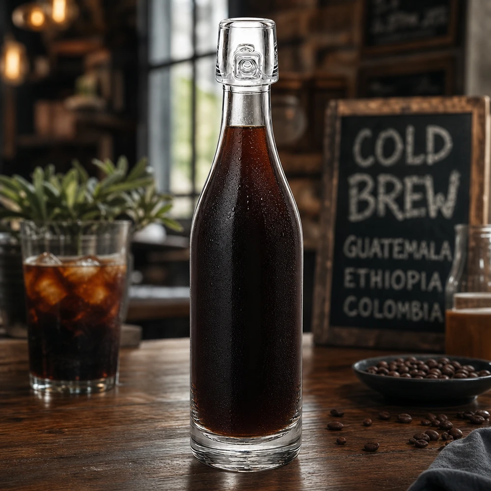 Bouteille en verre de 50 ml UNiTWIST remplie de café Cold Brew sur table en bois avec grains de café et verre