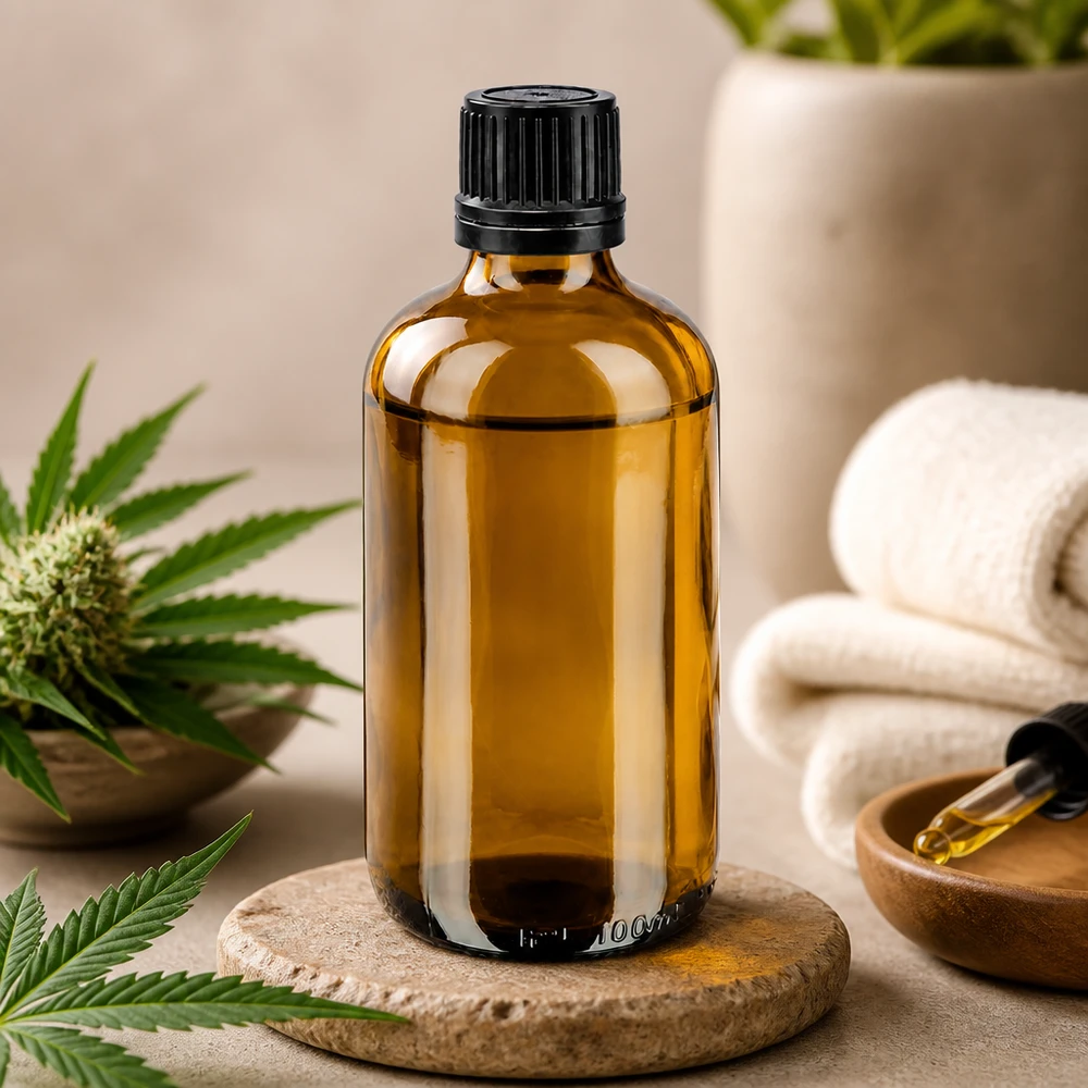 Flacon de pharmacie de 100 ml couleur ambre avec compte-gouttes, posé sur un dessous-de-plat en pierre naturelle