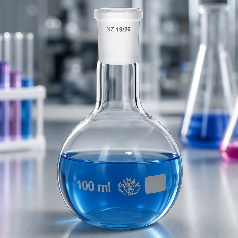 Ballon à fond plat 100 ml à col étroit, en verre borosilicate avec rodage normalisé 19/26 Ballon à distiller de 100ml avec bouchon blanc - mesure précise du volume grâce à la graduation