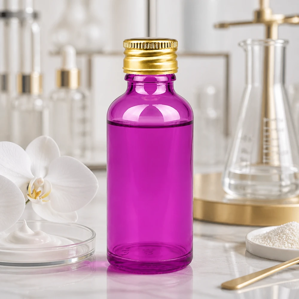 Bouteille en verre cosmétique de 50 ml dans un ton pourpre élégant avec une surface mate pour une présentation luxueuse du produit
