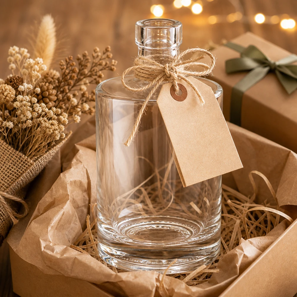 Bouteille en verre 500 ml « Marie » sans bouchon UNiTWIST® Bouteille en verre Marie de 500 ml comme idée de cadeau avec pendentif en papier kraft et ficelle de jute dans un emballage rustique