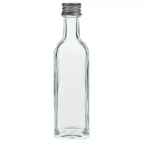 Bouteille à liqueur transparente 60 ml carrée + capsule à vis en aluminium argenté (PP 18 mm)
