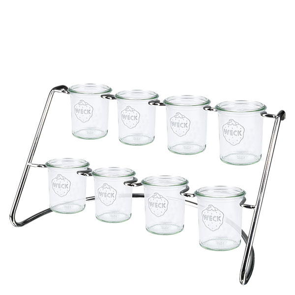 Présentoir Flato8 pour 8 bocaux WECK WECK Support de service Flato8 avec 8 verres à pied suspendus, disposés sur deux étages sur un cadre en acier inoxydable