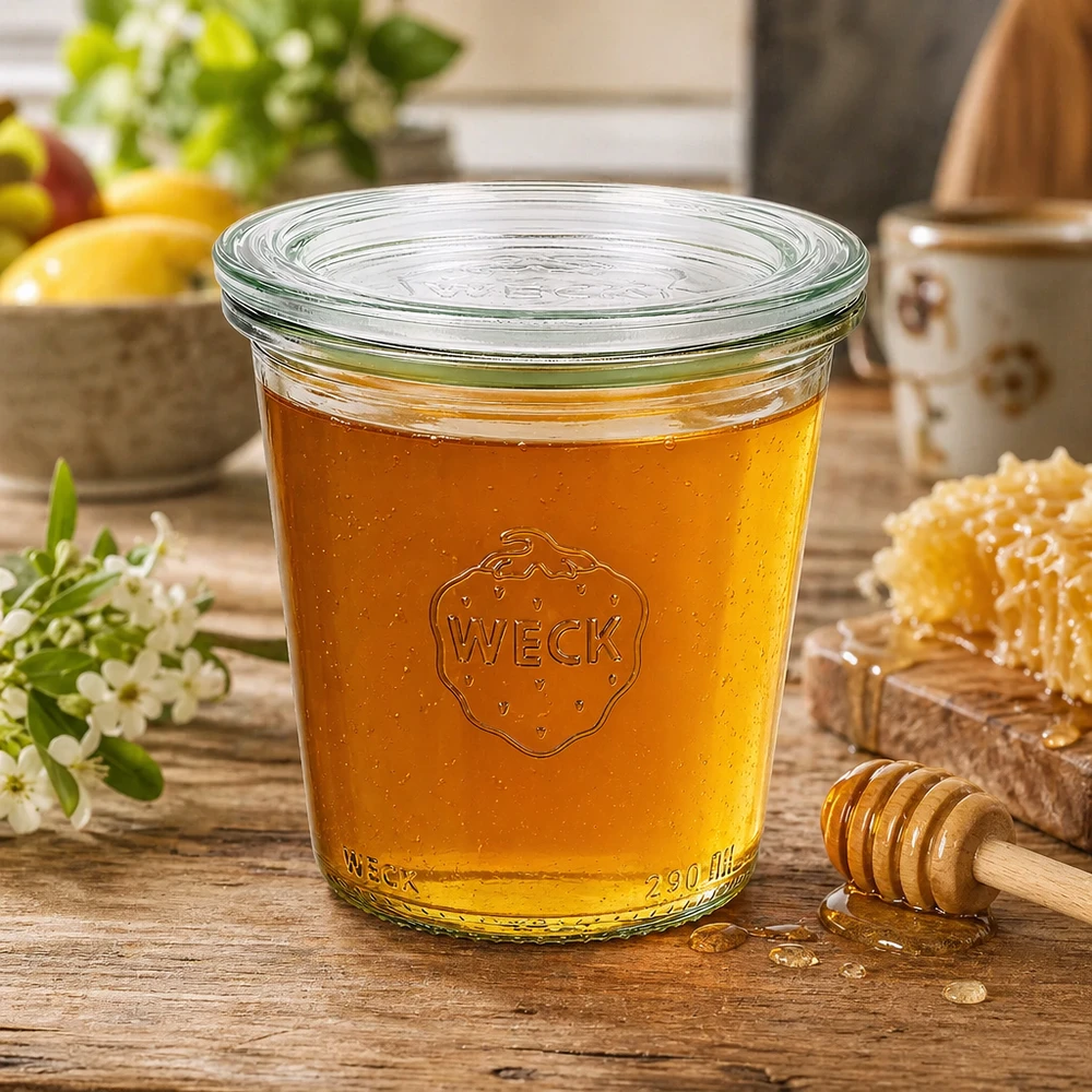 WECK Verre renversé 290ml RR80 rempli de miel doré et cuillère à miel comme exemple d'utilisation dans une ambiance rustique