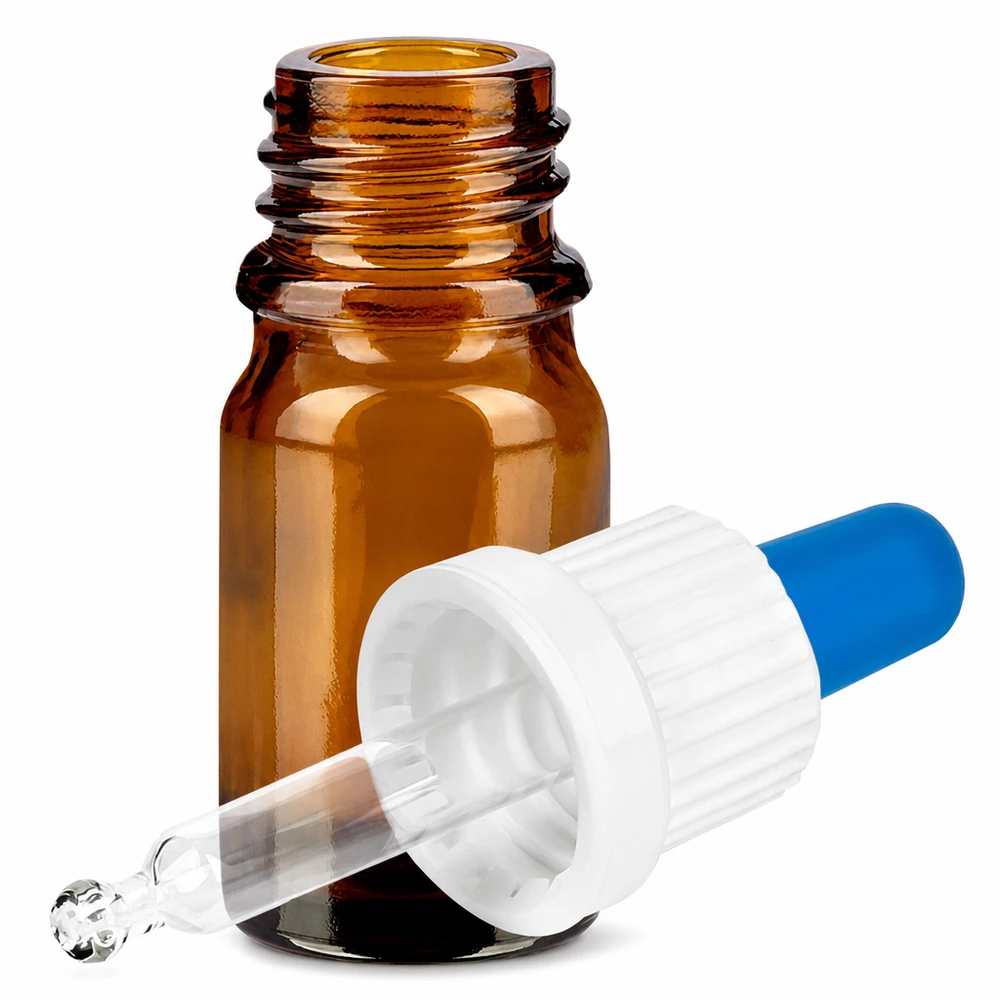 Flacon à pipette 5ml blanc/bleu OV BrownLine UT18/5 Flacon à pipette en verre brun 5ml avec compte-gouttes OV BrownLine UT18/5 pour la cosmétique et l'aromathérapie