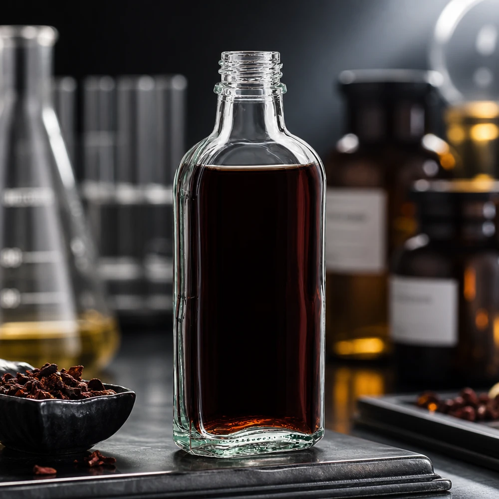 Bouteille en verre transparente DIN22 de 100 ml, remplie d'un extrait foncé et d'herbes séchées
