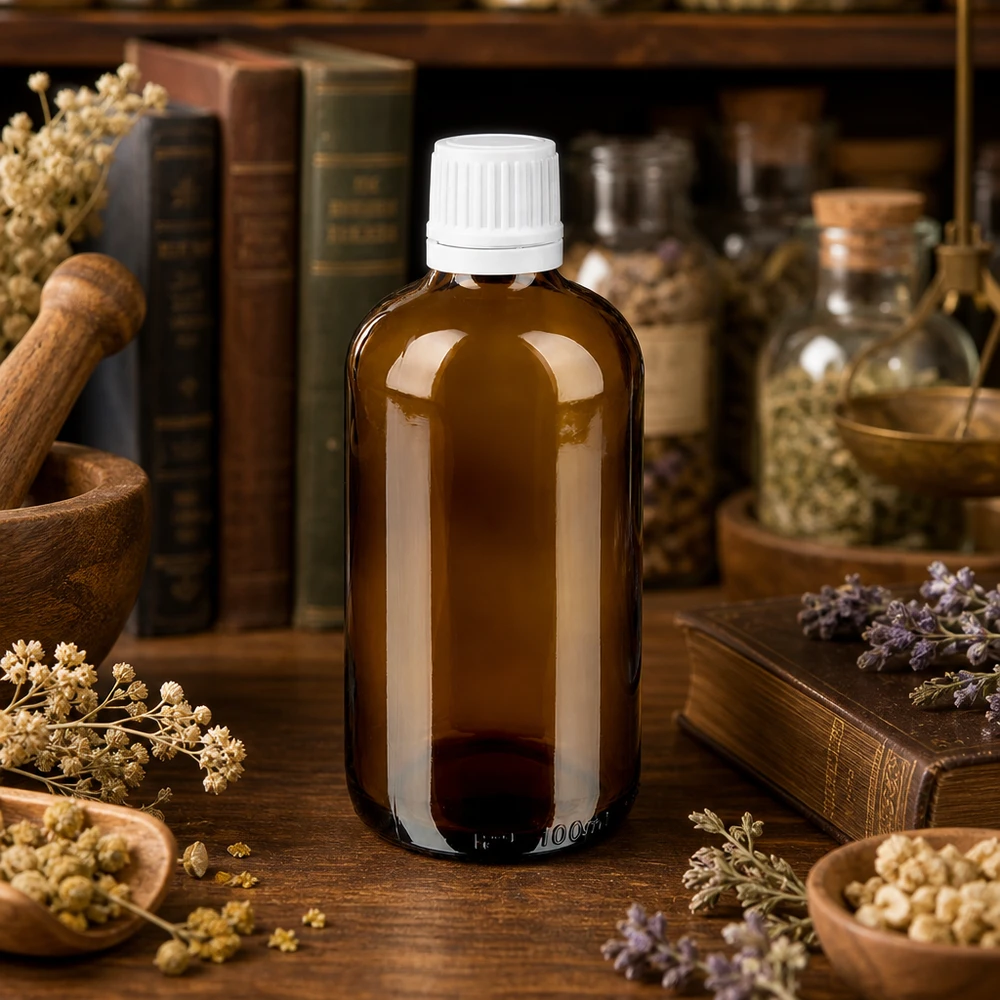 Flacon de pharmacie brun 100ml bouchon vissable blanc bouchon inviolabilité Flacon en verre ambré de 100 ml muni d'un bouchon SV OV blanc de 11 mm, posé sur une table en bois rustique avec des livres anciens