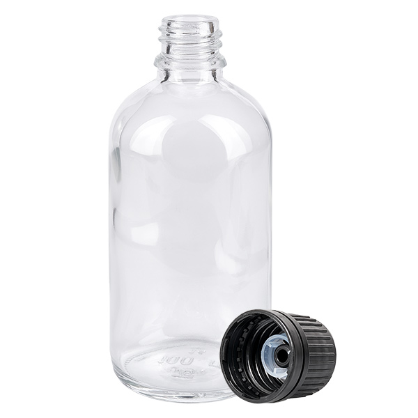 100ml (globule)Flas. 8mm GR s. STD ClearL. UT18/100 Flacon de pharmacie vide de 100 ml en verre transparent, avec un filetage de 18 mm et un bouchon compte-gouttes noir