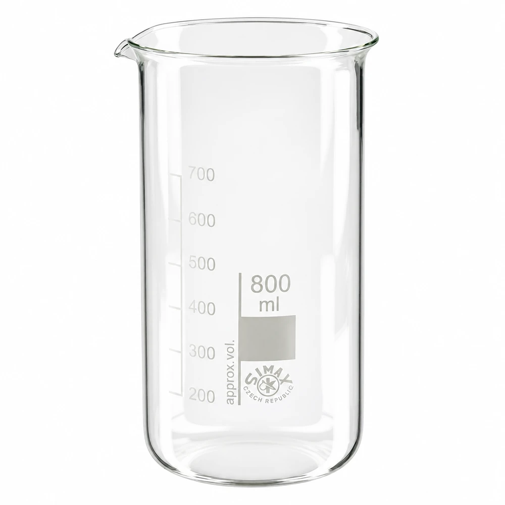 Bécher 800ml en verre borosilicate résistant à la chaleur (forme haute) Bécher de laboratoire cylindrique haut de 800 ml, en verre borosilicaté transparent, muni d'une échelle graduée précise