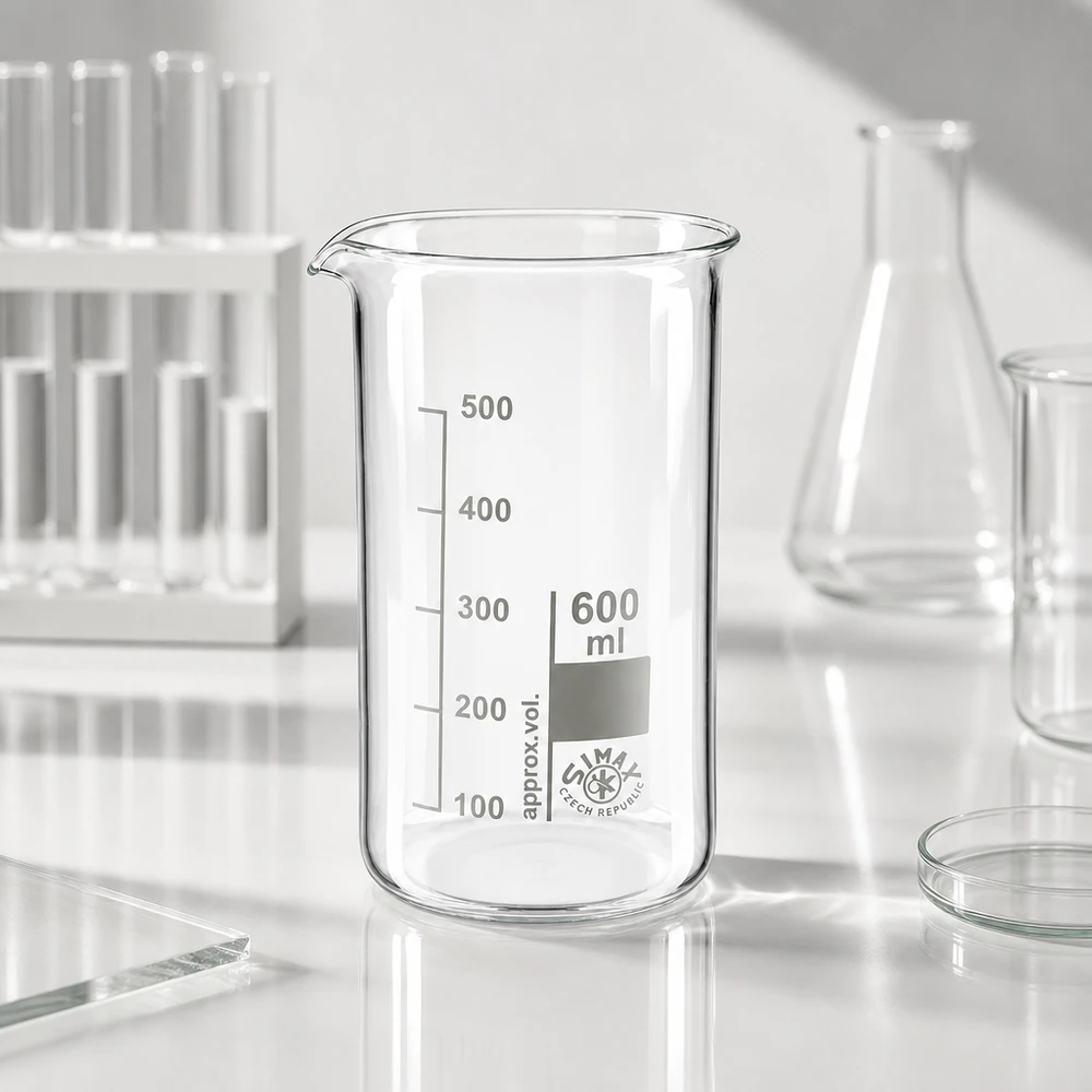 Bécher 600ml en verre borosilicate résistant à la chaleur (forme haute) Bécher de 600 ml, forme haute, en verre borosilicaté, avec graduation jusqu'à 500 ml, sur un plan de travail de laboratoire blanc