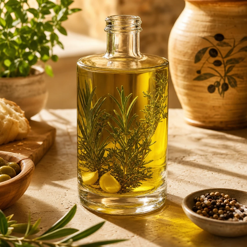 Bouteille en verre 375 ml « Sam » sans bouchon à vis UNiTWIST® Bouteille en verre Sam de 375 ml remplie d'huile aux herbes, décorée d'olives et d'épices méditerranéennes.