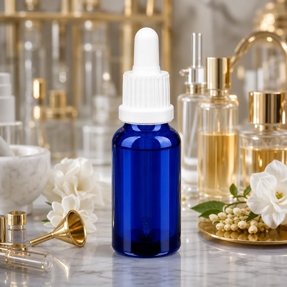 Flacon à pipette 20ml blanc OV BlueLine UT18/20 Flacon de pharmacie de 20 ml d'un bleu profond avec pipette graduée pour un dosage précis des gouttes